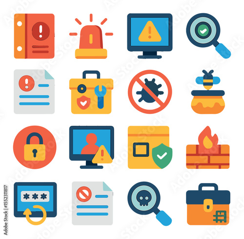 Defensive security response icons in modern flat vector in minimalistic vibrant color design: incident response binder, intrusion detection siren, SIEM dashboard alert, endpoint monitoring