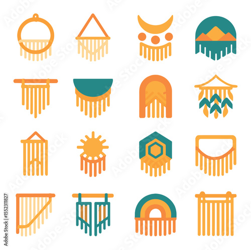 Macramé wall art shapes icons in modern flat vector in minimalistic vibrant color design: circular hoop design, triangle hanger layout, moon phase arch, half-circle panel, horizontal driftwood