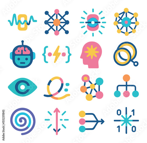 Synthetic AI core patterns icons in modern flat vector in minimalistic vibrant color design: machine learning pulse, AI neuron grid, reactive learning layer, glowing logic web, bot thinking