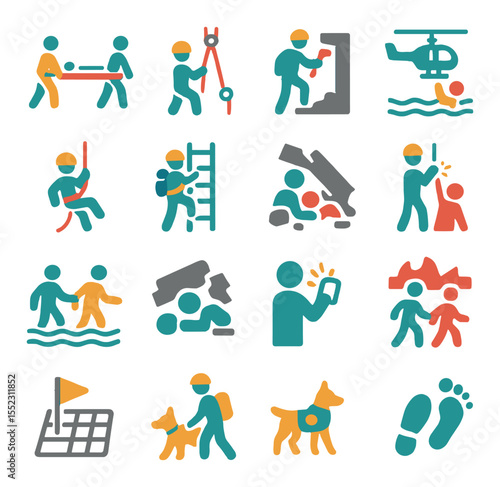 Rescue techniques and operations icons in modern flat vector in minimalistic vibrant color design: stretcher carry icon, rope pulley system, building breach tool, waterline rescue, rappelling