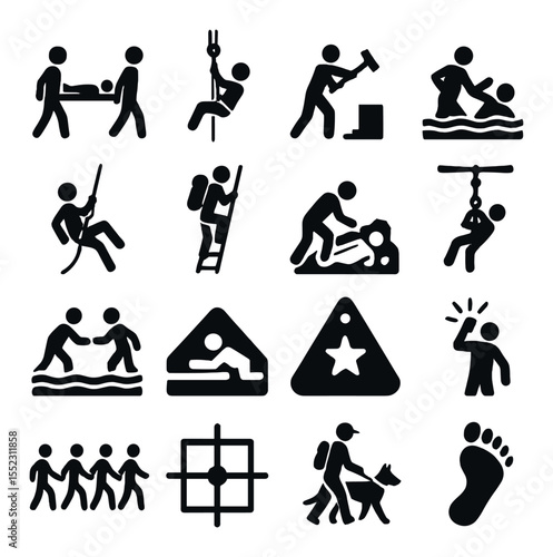 Rescue techniques and operations icons in silhouette solid black-filled shapes with clean, simple : stretcher carry icon, rope pulley system, building breach tool, waterline rescue, rappelling