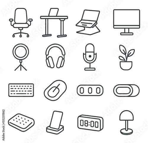 Remote desk setup icons in minimalistic line art : ergonomic chair, standing desk, laptop on riser, external monitor, ring light, noise-cancelling headphones, USB microphone, desk plant,