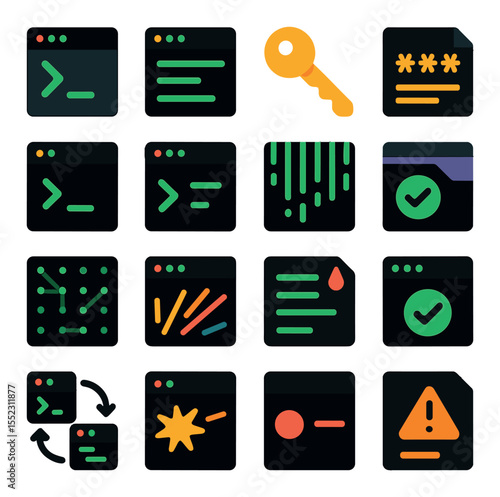 Hacker terminal visuals icons in modern flat vector in minimalistic vibrant color design: command line code block, green text console, shell access key, login bypass log, root command overlay,