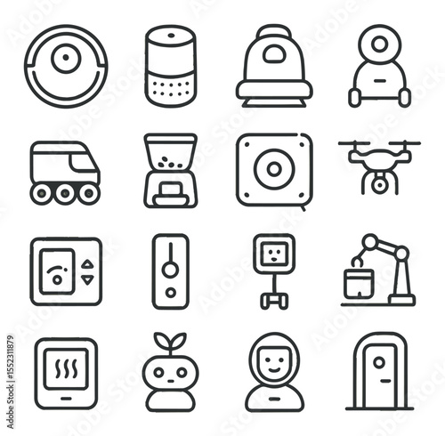 Home robot assistant icons in minimalistic line art : vacuuming robot, smart home speaker, robotic mop, security patrol bot, grocery delivery robot, robotic pet feeder, window cleaning robot,