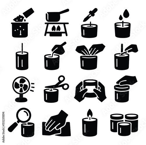 Candle making process steps icons in silhouette solid black-filled shapes with clean, simple : measuring wax flakes, melting wax pot, adding scent drops, adding dye color, inserting wick in