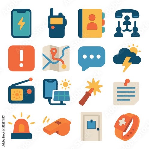 Communication and alerts in outage icons in modern flat vector in minimalistic vibrant color design: charged phone, two-way radio, paper contact list, neighborhood phone tree, emergency app