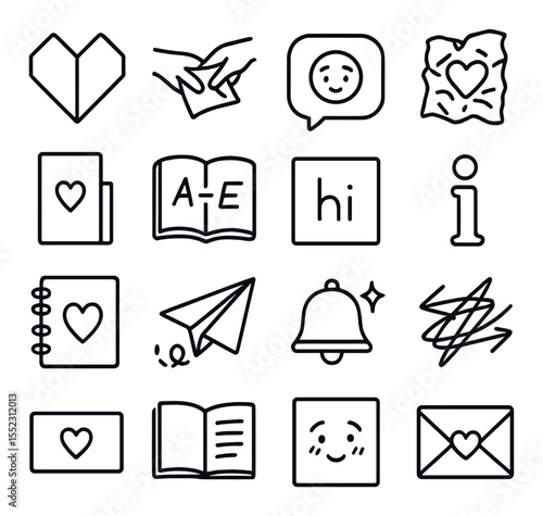 Secret notes and flirty messages icons in minimalistic line art : folded paper heart, note passed in class, text bubble with blush emoji, crumpled love letter, locker note slip, scribbled