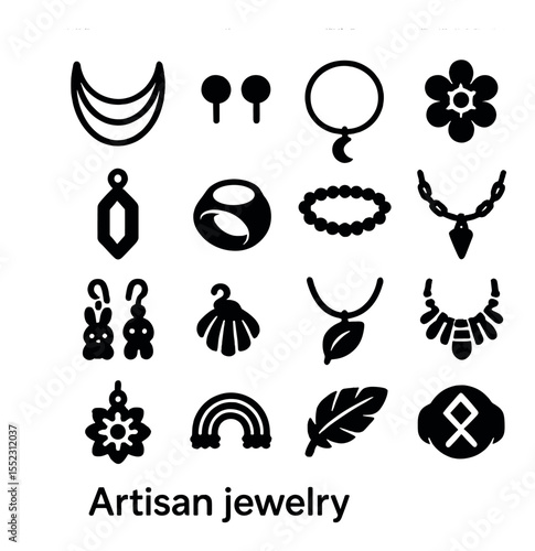 Artisan jewelry s icons in silhouette solid black-filled shapes with clean, simple : boho layered necklace, minimalist stud earrings, celestial moon charm bracelet, vintage floral brooch,