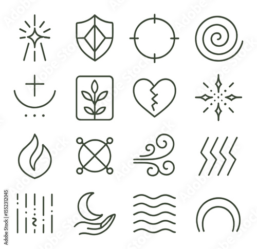 Healing and protection pages icons in minimalistic line art : light beam sigil, shield charm diagram, warding circle, aura cleanse spiral, restoration glyph, herbal remedy chart, soul mending