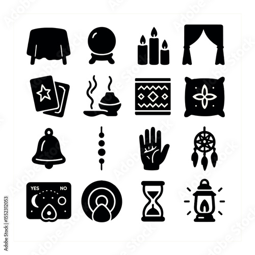 Fortune teller tent interior icons in silhouette solid black-filled shapes with clean, simple : velvet draped table, crystal ball on stand, glowing candle trio, tasseled curtain entrance, tarot