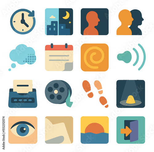 Storytelling transitions icons in modern flat vector in minimalistic vibrant color design: clock spinning forward, day-to-night skyline, calendar page flipping, character silhouette shift,