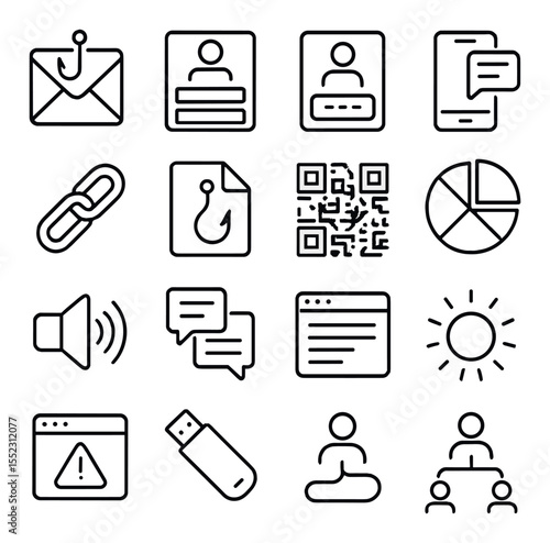 Social engineering tools icons in minimalistic line art : phishing email template, fake login form, spoofed caller ID box, SMS spoof panel, link shortening tool, bait file icon, malicious QR