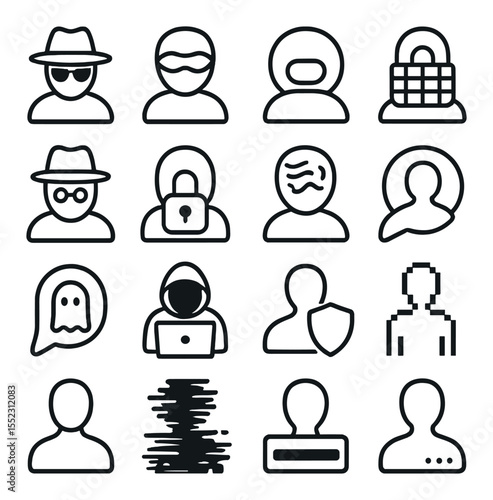 Digital anonymity icons icons in minimalistic line art : incognito user icon, masked profile avatar, hidden identity token, encrypted faceplate, private browsing figure, silhouette behind lock,