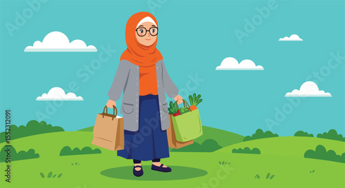 Muslim Woman Walking Outdoors with Groceries in Hand