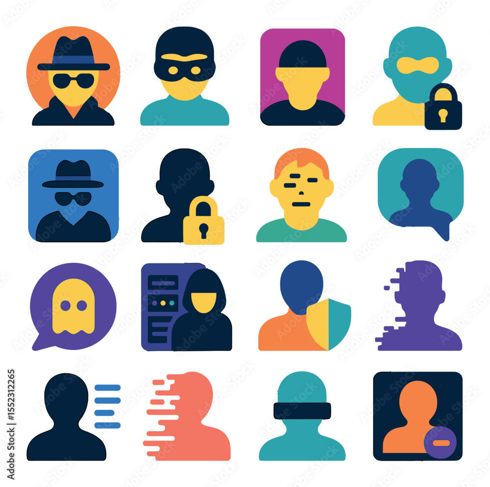 Fototapeta premium Digital anonymity icons icons in modern flat vector in minimalistic vibrant color design: incognito user icon, masked profile avatar, hidden identity token, encrypted faceplate, private