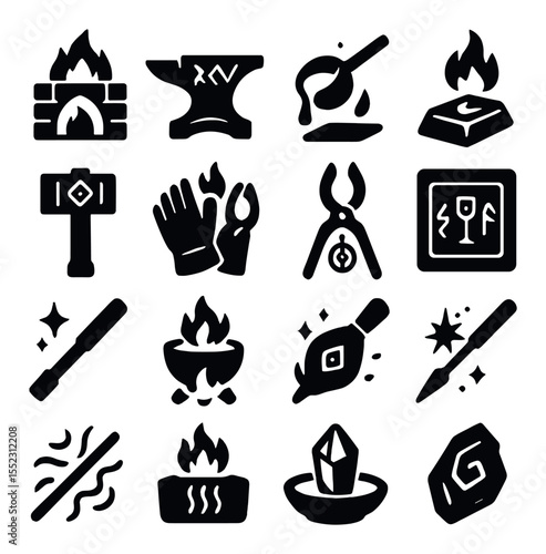Mystical forging tools icons in silhouette solid black-filled shapes with clean, simple : enchanted forge, rune-etched anvil, molten metal ladle, glowing ingot, alchemical hammer, flameproof