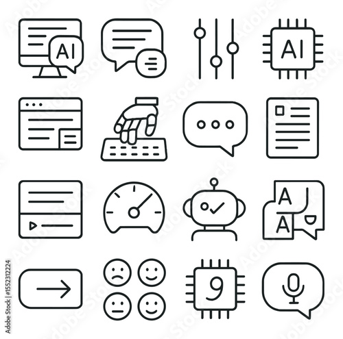AI in communication icons in minimalistic line art : AI translator screen, smart transcription bubble, tone adjustment tool, language detection chip, email summarizer window, robotic typing hand