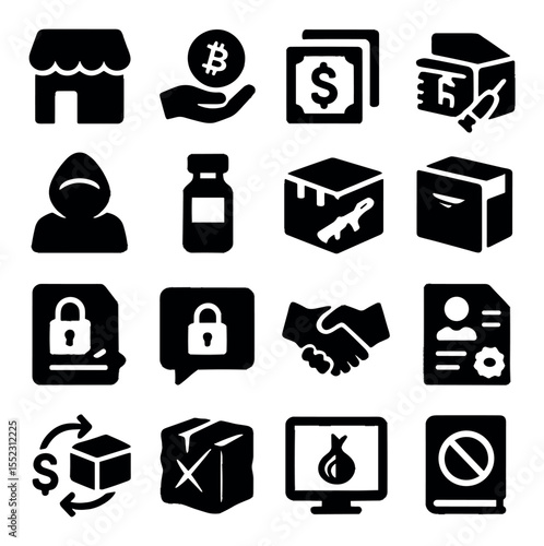Darknet marketplaces icons in silhouette solid black-filled shapes with clean, simple : closed storefront, payment in crypto, counterfeit money stack, illicit goods box, anonymous seller avatar