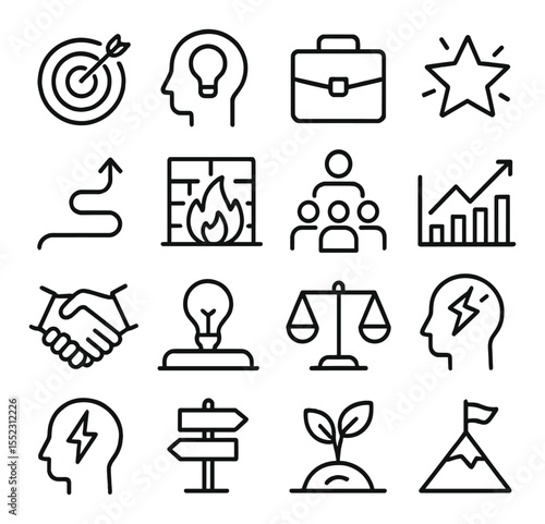 Career and success spread icons in minimalistic line art : goal focus card, skills spotlight card, current job card, opportunity card, obstacle card, leadership role card, financial outcome card