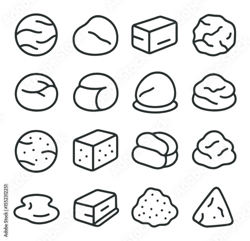 Types of clay used on the wheel icons in minimalistic line art : stoneware clay ball, porcelain clay lump, earthenware block, grogged clay mass, red clay bundle, gray sculpting clay, white
