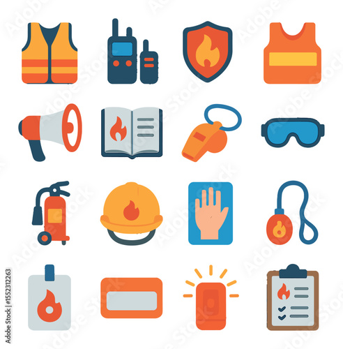 Fire drill training gear icons in modern flat vector in minimalistic vibrant color design: high-visibility vest, walkie-talkie pair, fire warden badge, evacuation vest label, megaphone icon,