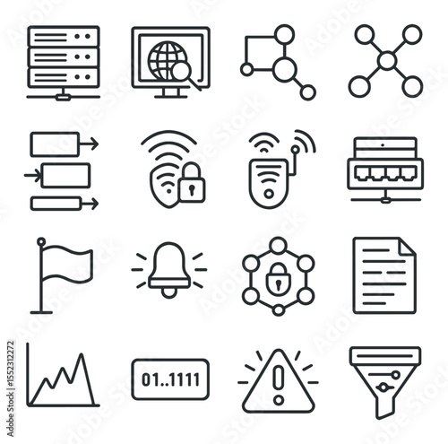 Network surveillance environment icons in minimalistic line art : server rack unit, packet analyzer screen, DNS request viewer, network topology map, data packet trail, secured access point icon