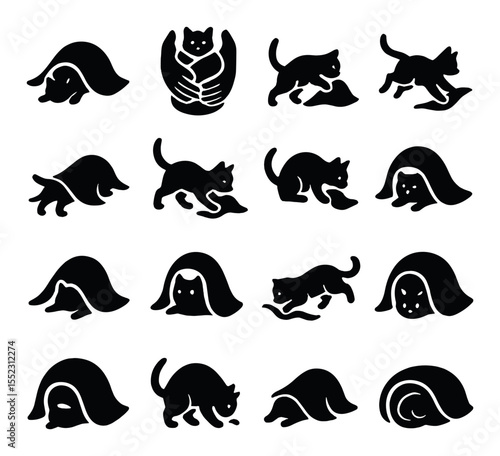 Blanket interaction moments icons in silhouette solid black-filled shapes with clean, simple : cat burrowing into blanket, cat being wrapped by human hands, cat pawing at blanket edge, cat