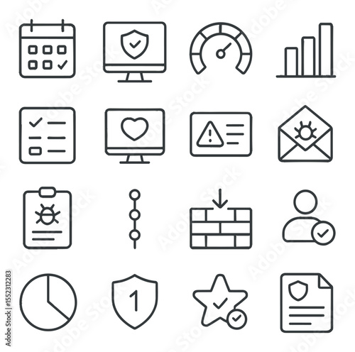System health and reports icons in minimalistic line art : daily scan calendar, security dashboard screen, protection score meter, risk level indicator, scan history list, device health monitor,