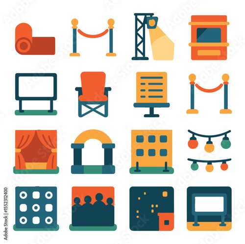 Festival venue and atmosphere icons in modern flat vector in minimalistic vibrant color design: red carpet roll, velvet rope barrier, spotlight tower, ticket booth, outdoor film screen, folding