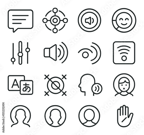 Communication enhancements icons in minimalistic line art : live caption bubble, spatial mic node, volume ring indicator, emotional tone meter, voice modulation slider, speaker spotlight beam,