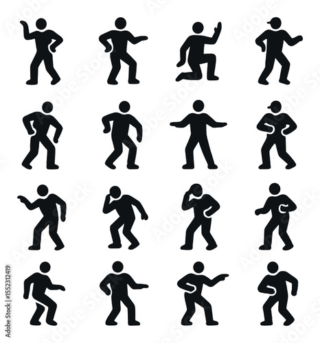 Hip-hop free poses icons in silhouette solid black-filled shapes with clean, simple : arm wave, chest pop, knee drop, toe spin, shoulder hit, elbow groove, torso isolation, heel tap, lean and