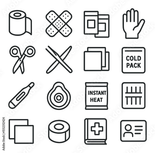 Basic first aid kit items icons in minimalistic line art : bandage roll, adhesive bandages, antiseptic wipes, medical gloves, scissors for cutting tape, tweezers, gauze pads, cold compress pack,