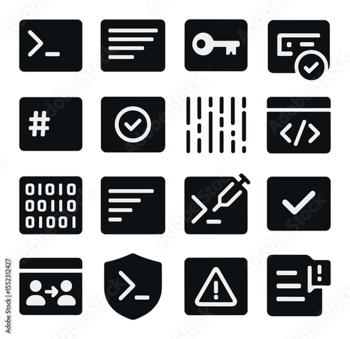 Hacker terminal visuals icons in silhouette solid black-filled shapes with clean, simple : command line code block, green text console, shell access key, login bypass log, root command overlay,