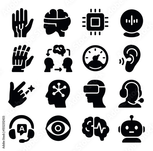 Skill augmentation icons in silhouette solid black-filled shapes with clean, simple : AI-enhanced hand, neural interface band, digital memory booster, voice assistant orb, exoskeleton glove,