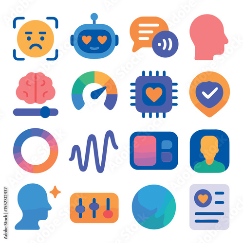 Emotional intelligence support icons in modern flat vector in minimalistic vibrant color design: mood recognition icon, empathy bot face, tone analysis bubble, nonverbal cue tracker, mental