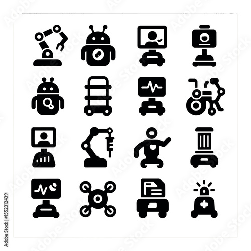 Medical robot assistant icons in silhouette solid black-filled shapes with clean, simple : robotic surgery arm, medicine dispenser bot, patient check-in assistant, remote diagnosis screen, AI