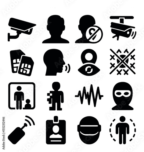 Surveillance evasion icons in silhouette solid black-filled shapes with clean, simple : CCTV with blind spot, face blur effect, GPS jammer, camera scrambler, burner SIM cards, voice changer
