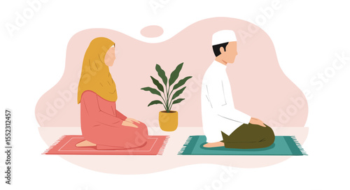 Muslim Couple Praying Together on Prayer Mats