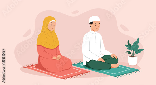 Muslim Couple Praying Together on Prayer Mats