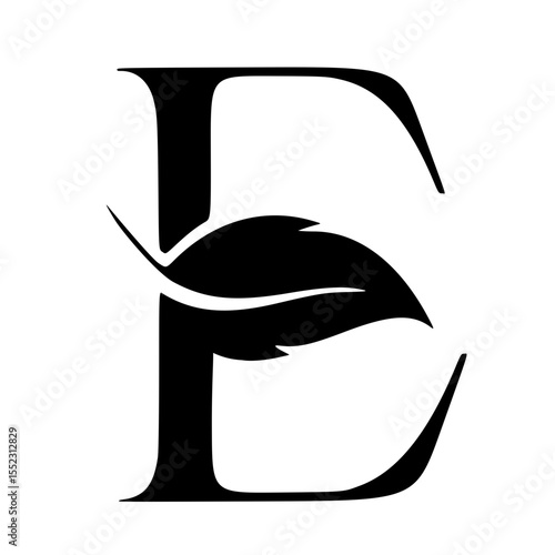 icon or logo, vector silhouette of letter E with leaves