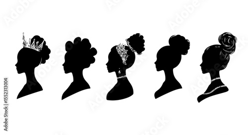 Diverse silhouettes showcase elegance and style with various hairstyles and accessories for women of color