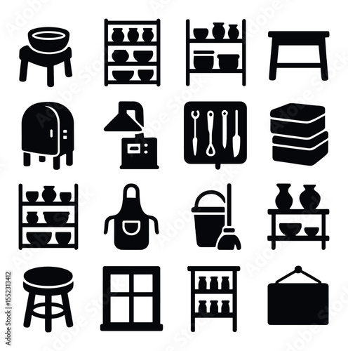 Pottery studio environment icons in silhouette solid black-filled shapes with clean, simple : spinning wheel setup, drying rack with pots, glaze shelf, wedging table, kiln control panel,