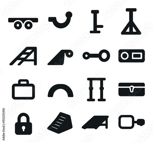 Mobile foundations icons in silhouette solid black-filled shapes with clean, simple : trailer chassis, tow hitch, wheel stabilizer, jack stand, foldable stairs, leveling block, detachable axle,