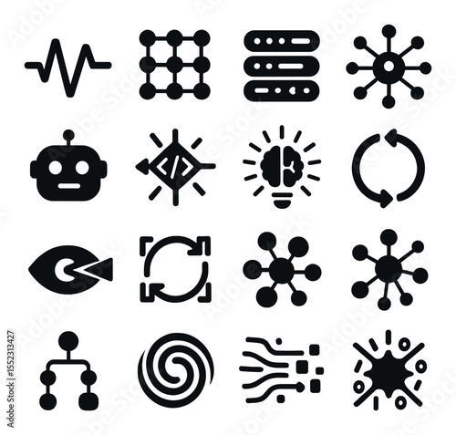 Synthetic AI core patterns icons in silhouette solid black-filled shapes with clean, simple : machine learning pulse, AI neuron grid, reactive learning layer, glowing logic web, bot thinking