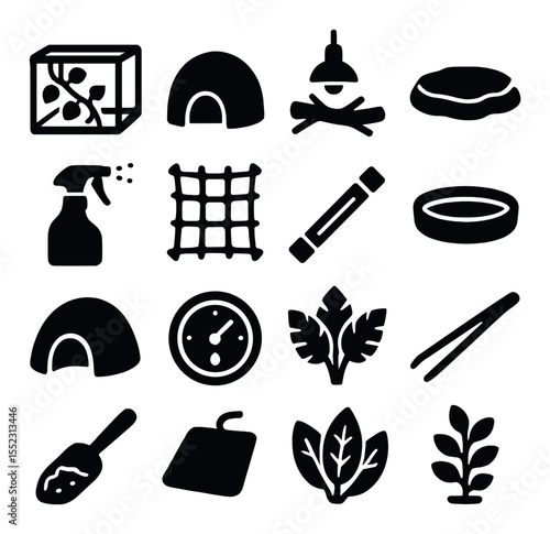 Desert and rainforest setups icons in silhouette solid black-filled shapes with clean, simple : glass terrarium with vines, humid hideout, heat lamp above branch, basking rock, mist sprayer,