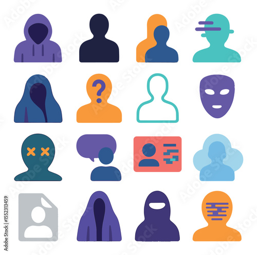 Symbolic representations of anonymity icons in modern flat vector in minimalistic vibrant color design: headless hoodie icon, void-filled human outline, shadow with no reflection, glitched