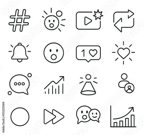 Viral content elements icons in minimalistic line art : trending hashtag icon, reaction emoji burst, viral video thumbnail, repost arrow, notification bell, shocked face reaction, share counter,