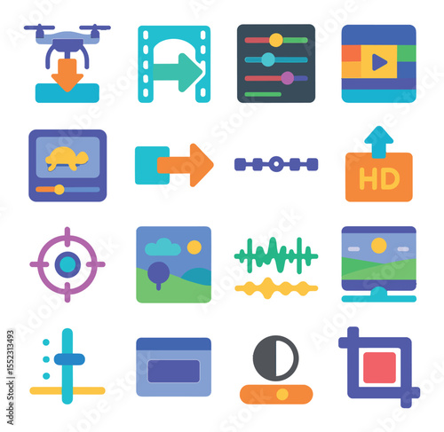 Post-production workflow icons in modern flat vector in minimalistic vibrant color design: drone footage import icon, frame stabilization tool, color correction panel, cinematic LUT icon, slow