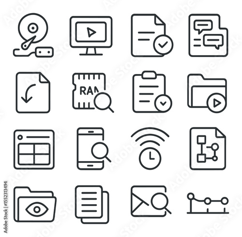 Evidence collection methods icons in minimalistic line art : disk image tool, screenshot capture icon, file integrity checker, chat transcript sheet, deleted file recovery icon, RAM dump