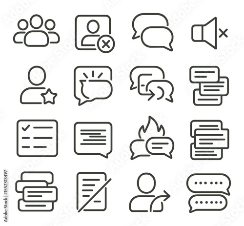 Chat group chaos icons in minimalistic line art : left group icon, “you’ve been removed” alert, renamed group bubble, muted chat symbol, new admin badge, mass message blast, private message leak